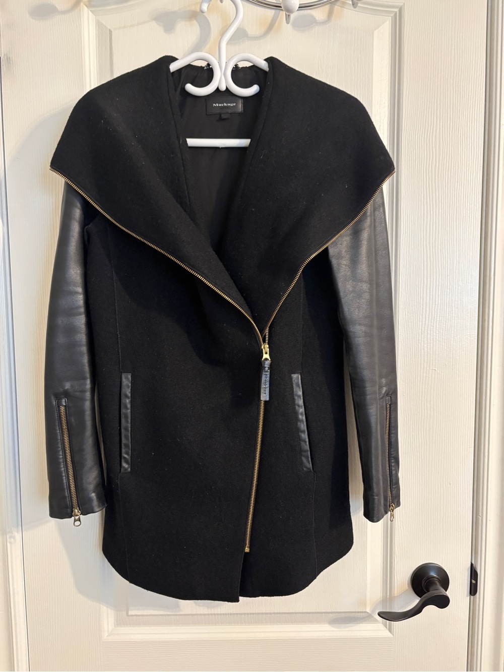 Mackage Black Wool Coat with Leather Sleeves